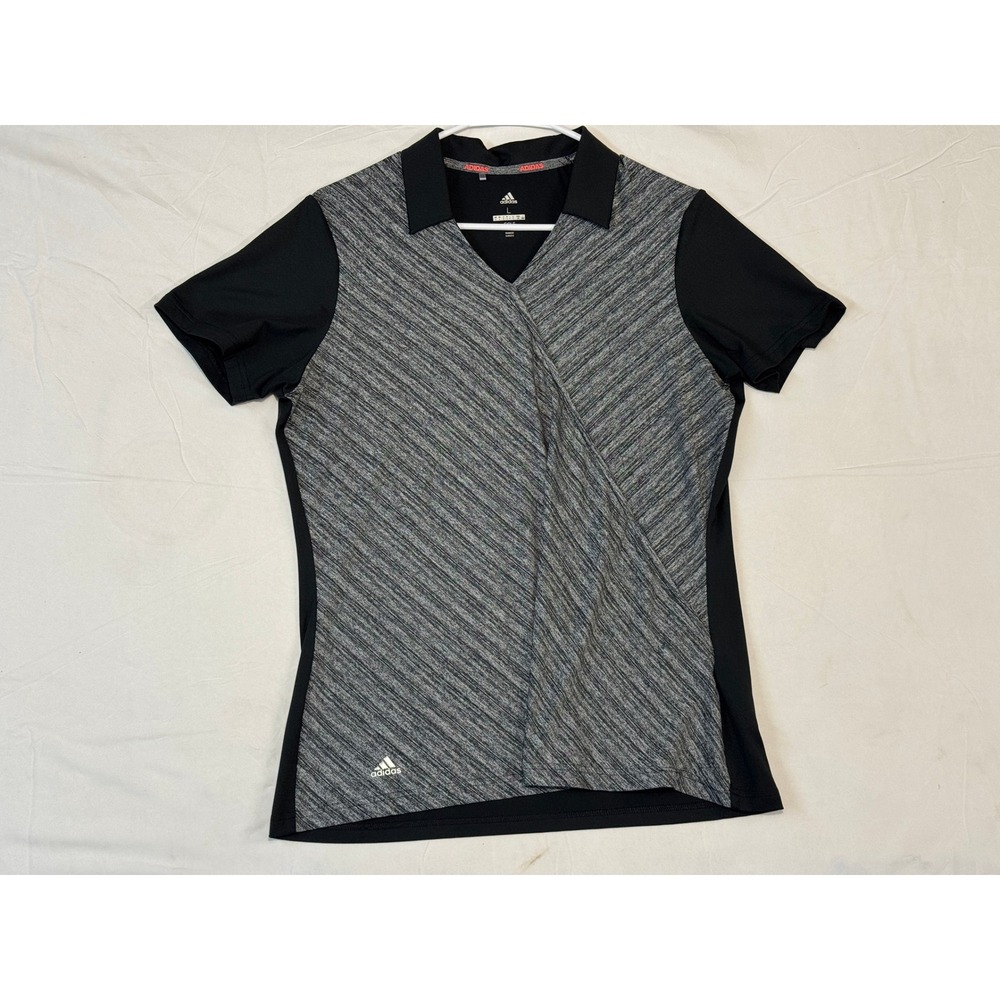 Adidas Golf Womens Large Black Grey Striped V-Neck Polo Shirt Short Sleeve L
